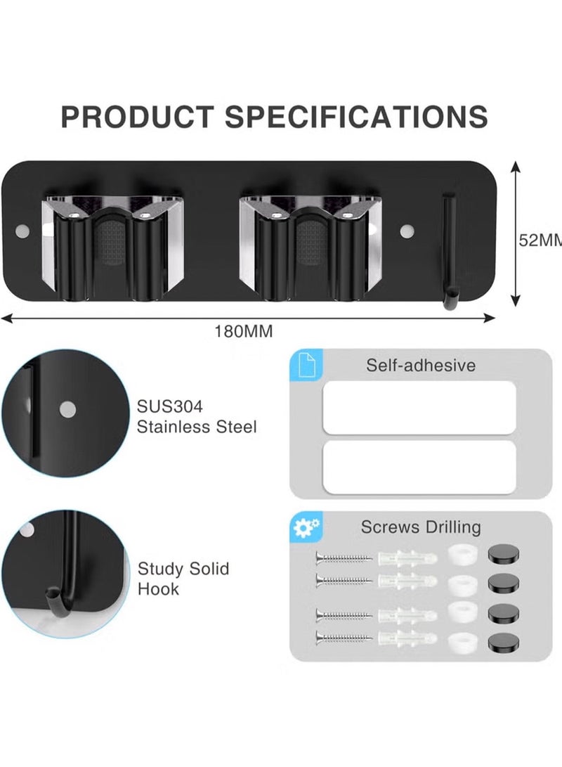 2-Pack Wall Mount Mop and Broom Holder, Heavy Duty Stainless Steel Organizer Rack with Hooks, 2-in-1 No Drill & Screw Installation, Black - Image 5